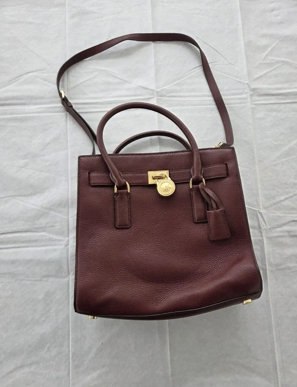 Michael Kors‎ Hamilton Lock Satchel Burgundy Leather Shoulder Crossbody Bag